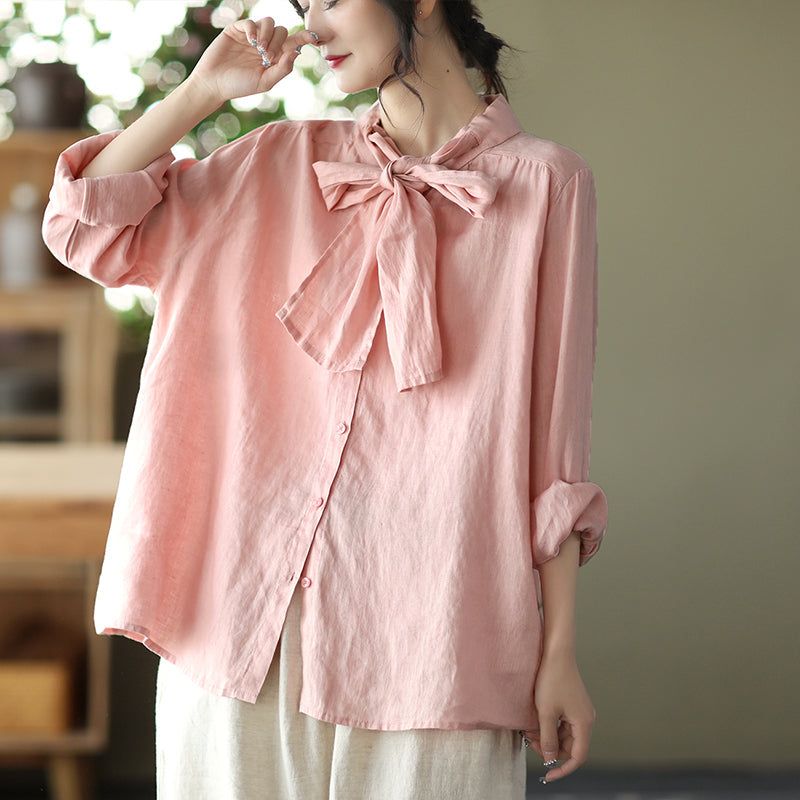 Vrouwen Lente Retro Vetersluiting Lange Mouwen Linnen Blouse