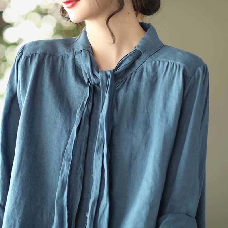 Vrouwen Lente Retro Vetersluiting Lange Mouwen Linnen Blouse