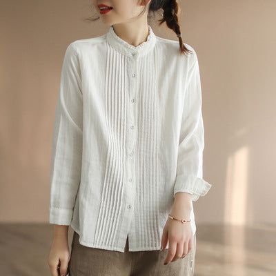 Vrouwen Lente Vintage Ruffle Kraag Katoenen Blouse