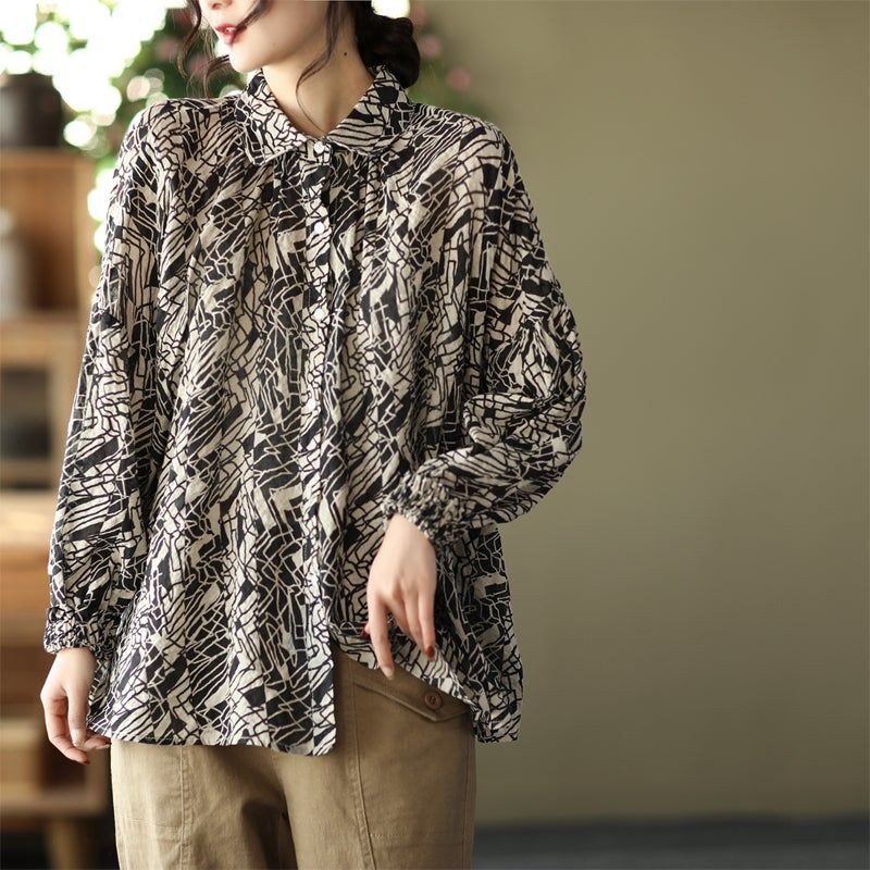 Vrouwen Plus Size Retro Print Lente Katoen Linnen Blouse