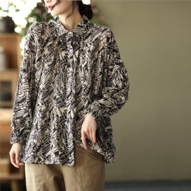 Vrouwen Plus Size Retro Print Lente Katoen Linnen Blouse