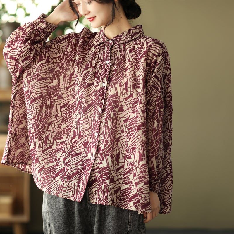 Vrouwen Plus Size Retro Print Lente Katoen Linnen Blouse