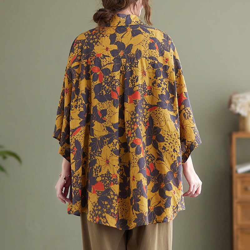 Vrouwen Retro Bloemen Katoen Linnen Gele Lange Blouse