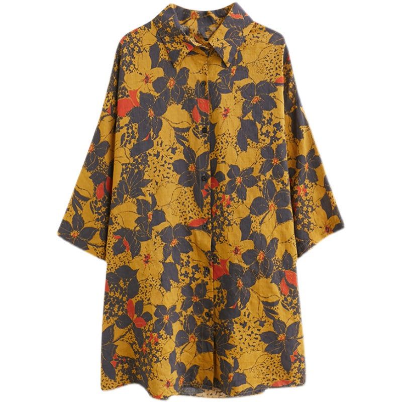 Vrouwen Retro Bloemen Katoen Linnen Gele Lange Blouse