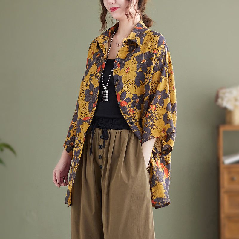 Vrouwen Retro Bloemen Katoen Linnen Gele Lange Blouse