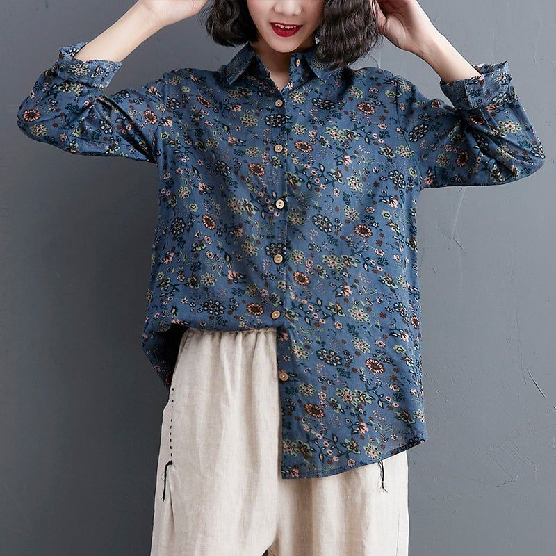 Vrouwen Retro Bloemen Losse Polo Kraag Blouse