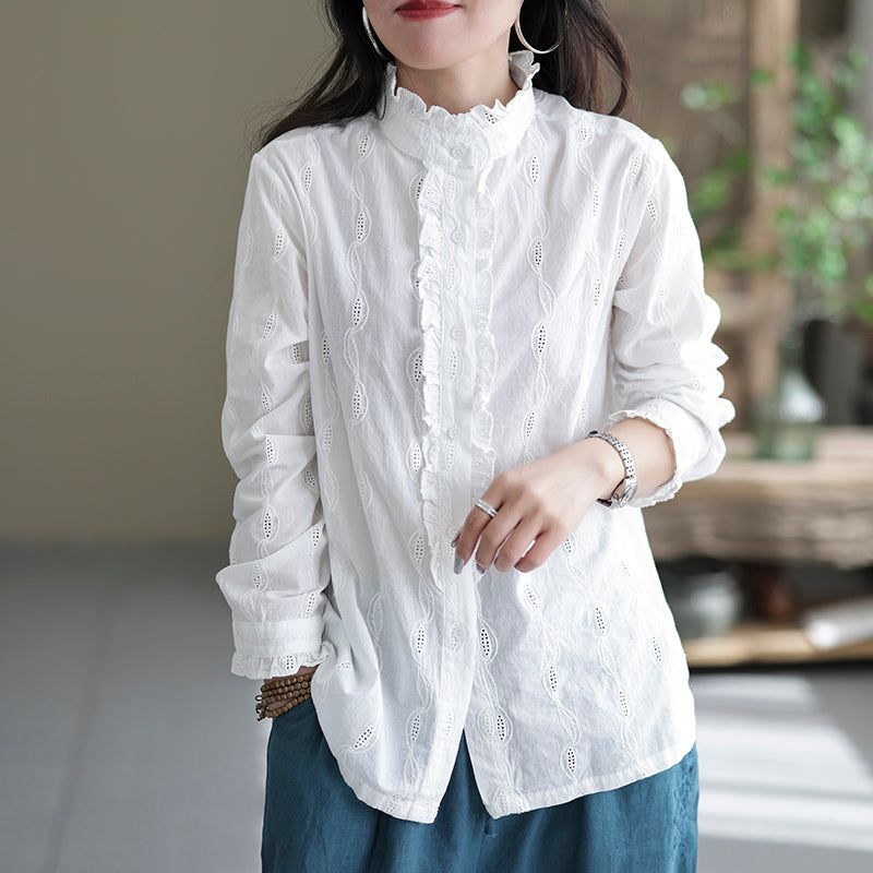 Vrouwen Retro Ruffle Casual Katoenen Witte Blouse