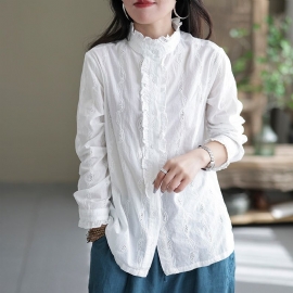 Vrouwen Retro Ruffle Casual Katoenen Witte Blouse