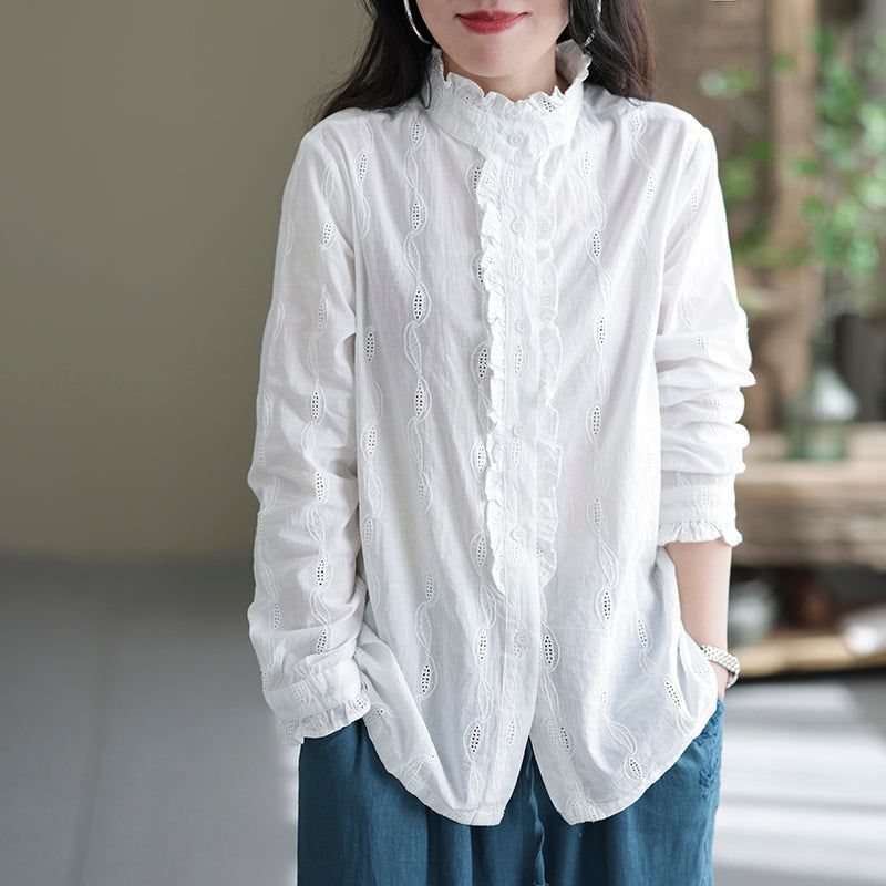 Vrouwen Retro Ruffle Casual Katoenen Witte Blouse