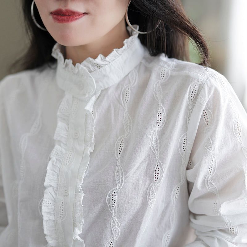 Vrouwen Retro Ruffle Casual Katoenen Witte Blouse