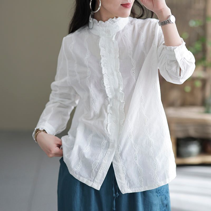 Vrouwen Retro Ruffle Casual Katoenen Witte Blouse