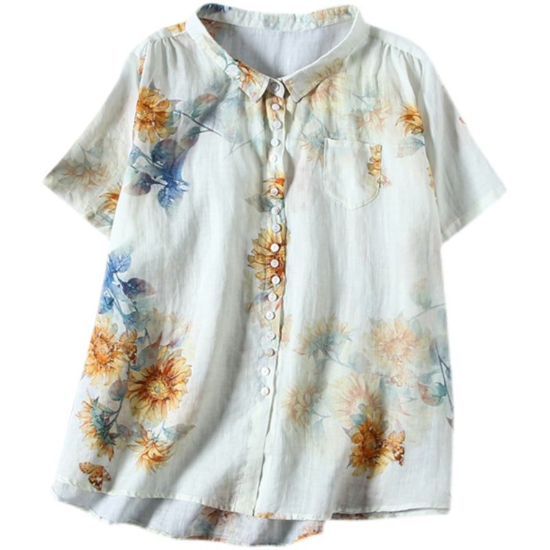 Vrouwen Zomer Linnen Bloemen Gedrukte Losse Blouse