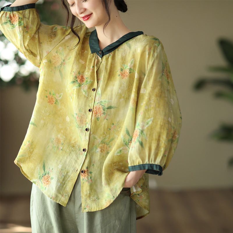 Zomer Dames Retro Dunne Linnen Bloemen Blouse