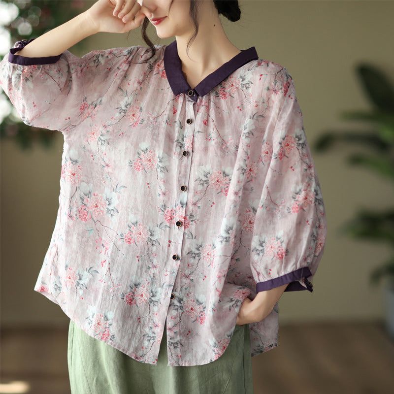 Zomer Dames Retro Dunne Linnen Bloemen Blouse