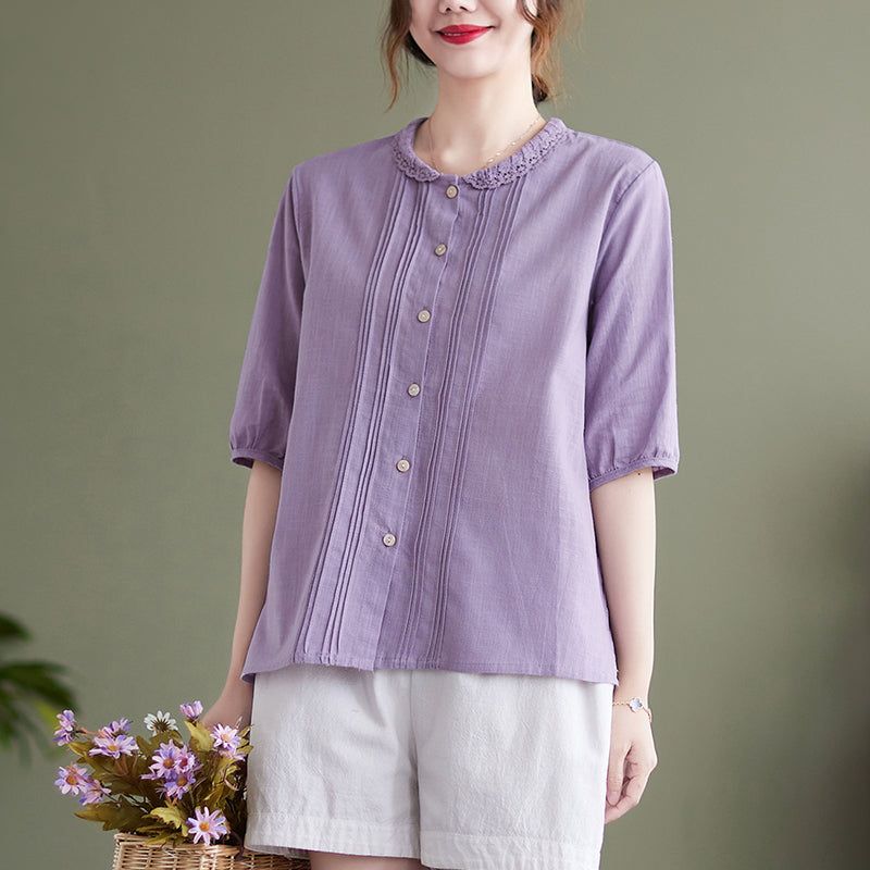 Zomer Retro Losse Linnen Blouse Met Halve Mouwen