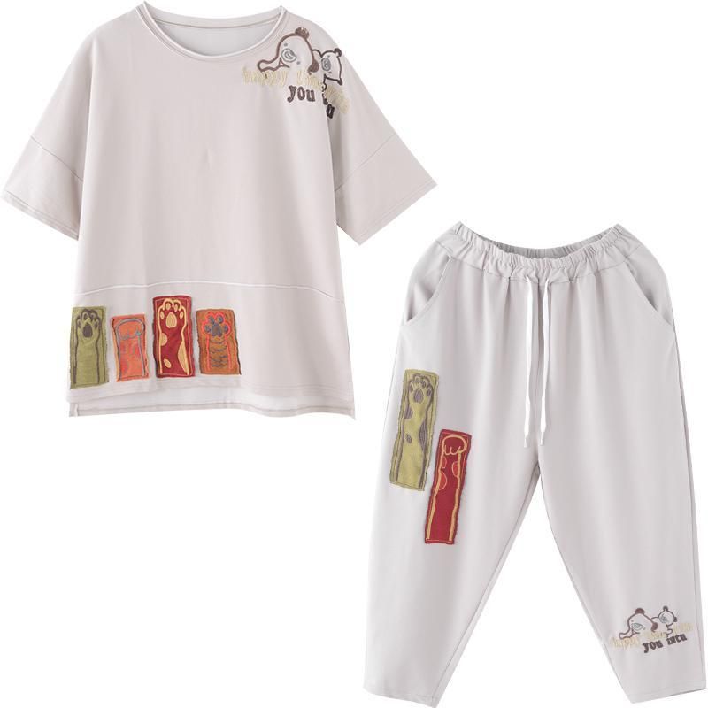 Casual Losse Katoenen Set Met Appliqué