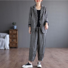 Herfst Plaid Pak Revers Jas Harembroek Tweedelige Set