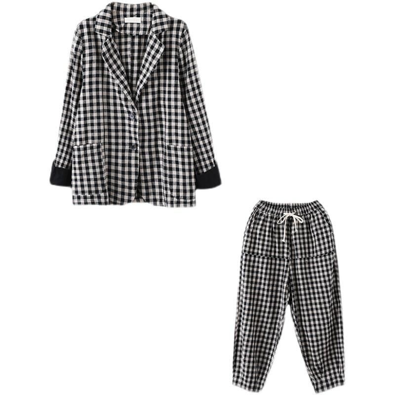 Herfst Plaid Pak Revers Jas Harembroek Tweedelige Set