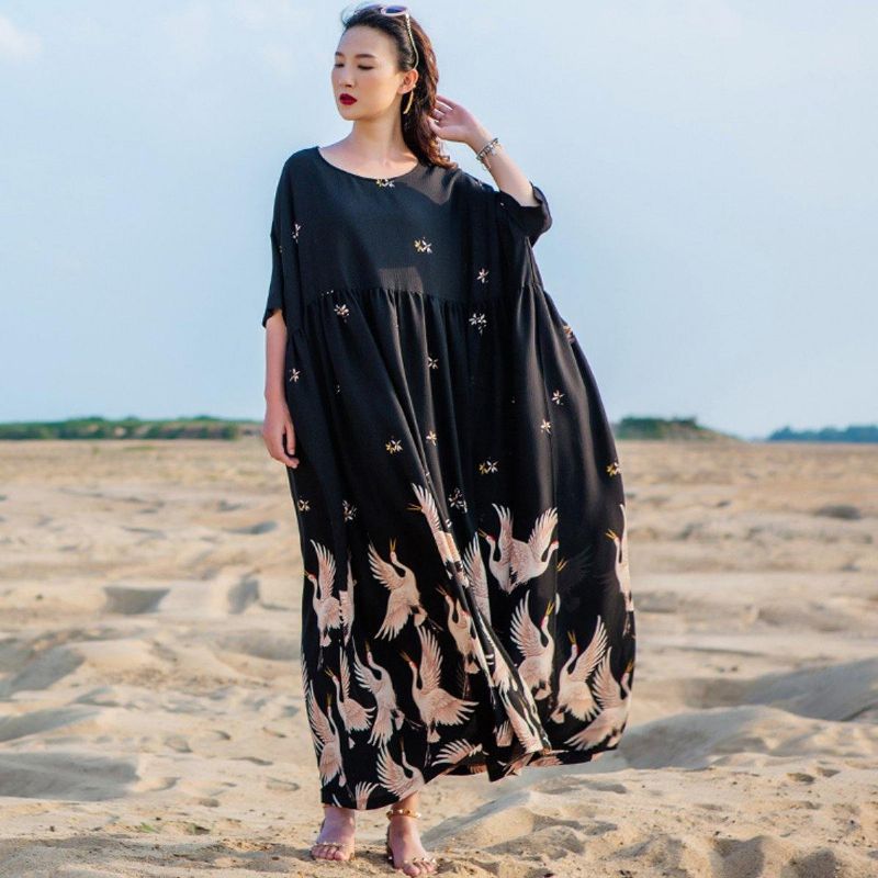 Bedrukte Casual Losse Maxi-jurk Met Korte Mouwen Voor Dames