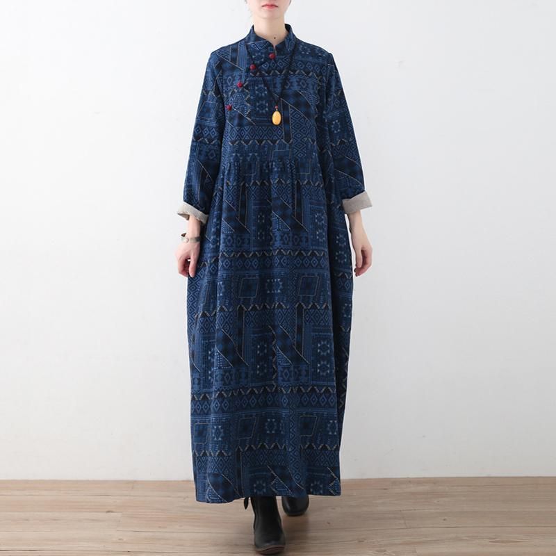 Blauwe Losse Vintage Linnen Print Jurk Met Knopen