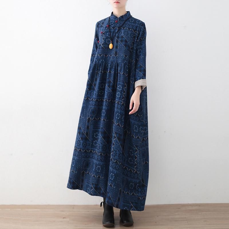 Blauwe Losse Vintage Linnen Print Jurk Met Knopen