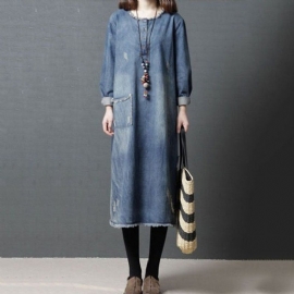 Burr Loose Round Neck Ragged Pocket Denim Dress