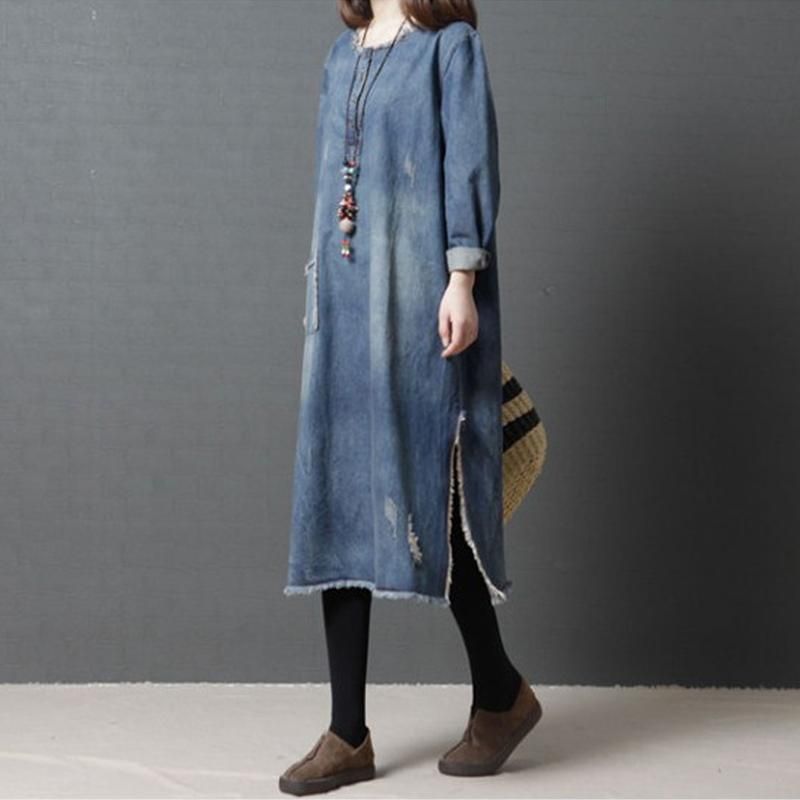 Burr Loose Round Neck Ragged Pocket Denim Dress