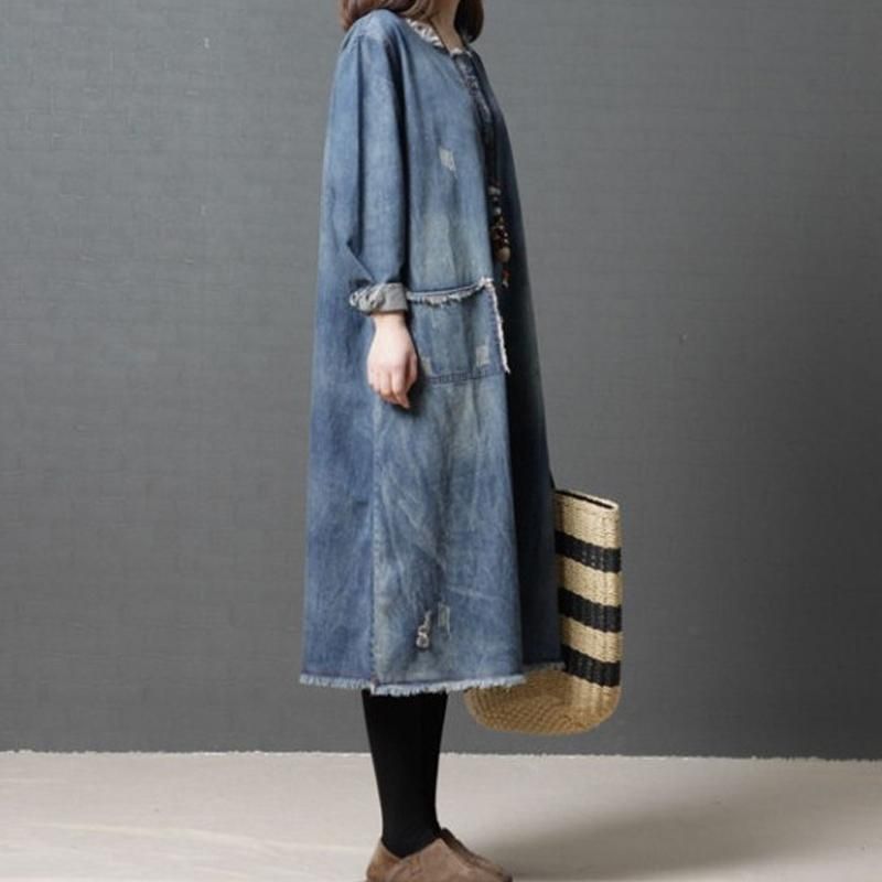 Burr Loose Round Neck Ragged Pocket Denim Dress