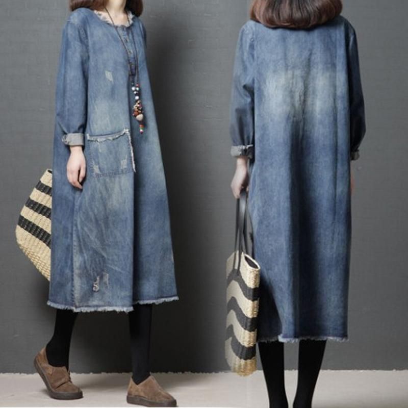 Burr Loose Round Neck Ragged Pocket Denim Dress