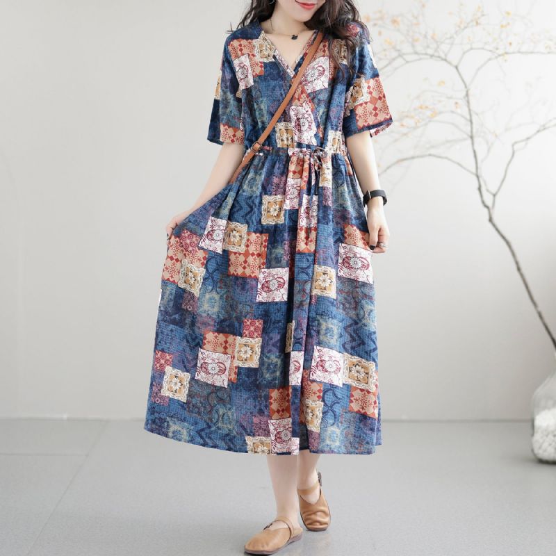 Casual Losse Retro Patchwork Katoenen Zomerjurk