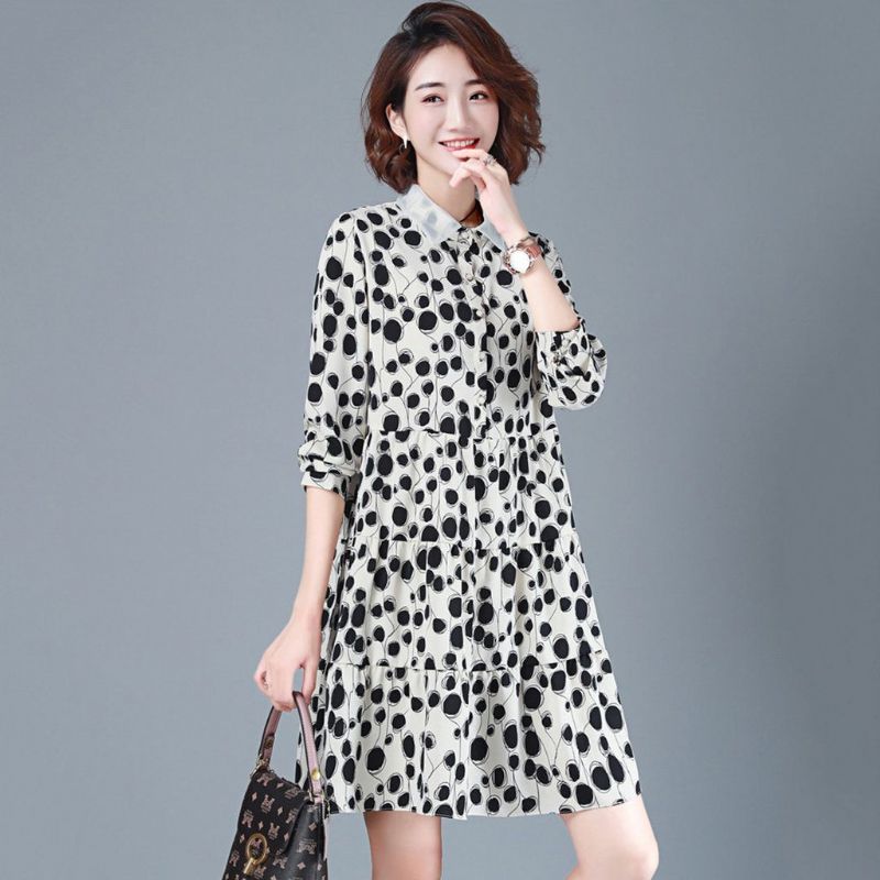 Casual Polka Dots Chiffon Herfstjurk Met Lange Mouwen