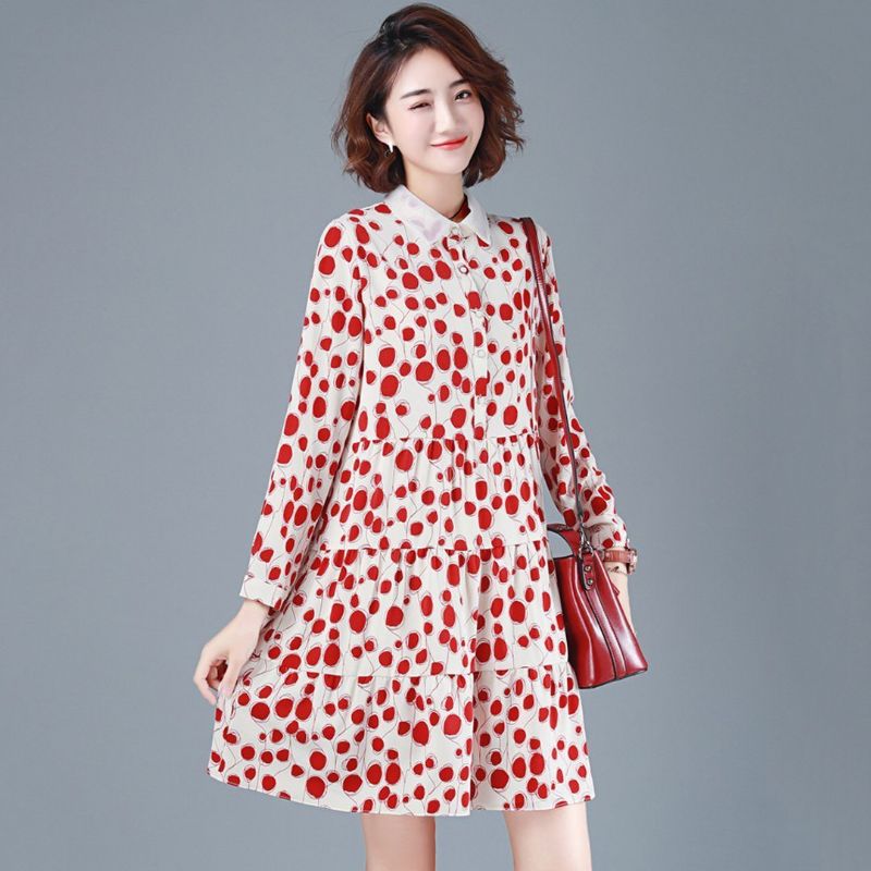 Casual Polka Dots Chiffon Herfstjurk Met Lange Mouwen