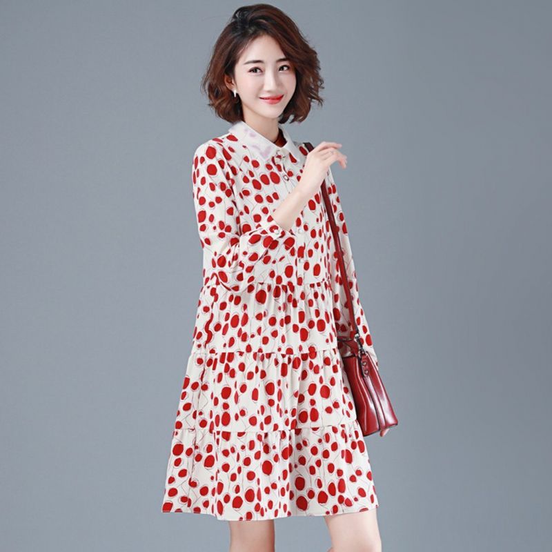 Casual Polka Dots Chiffon Herfstjurk Met Lange Mouwen