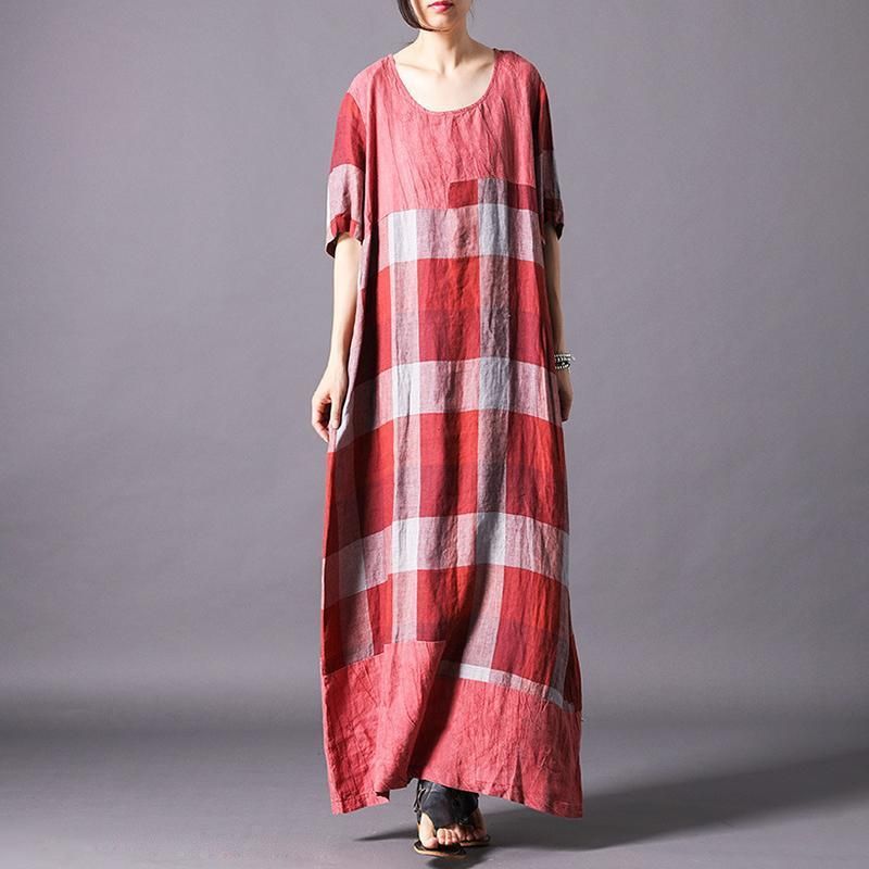 Dames Vintage Linnenmix Check Casual Maxi Jurk Met Korte Mouwen