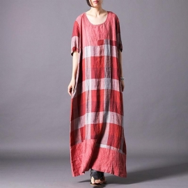 Dames Vintage Linnenmix Check Casual Maxi Jurk Met Korte Mouwen