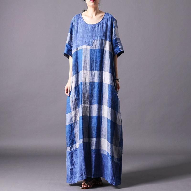 Dames Vintage Linnenmix Check Casual Maxi Jurk Met Korte Mouwen