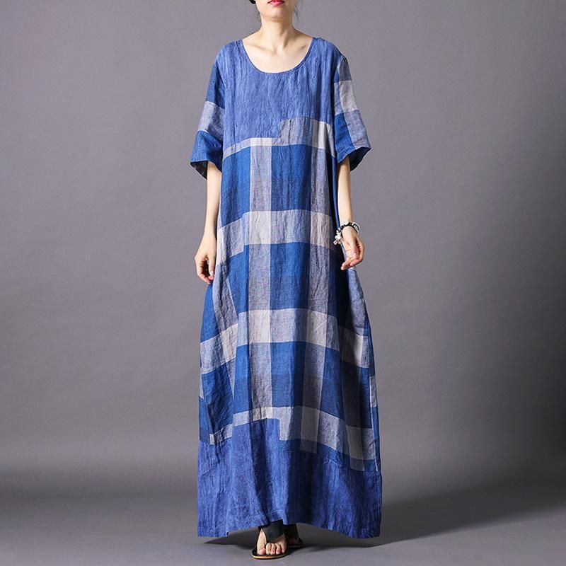 Dames Vintage Linnenmix Check Casual Maxi Jurk Met Korte Mouwen