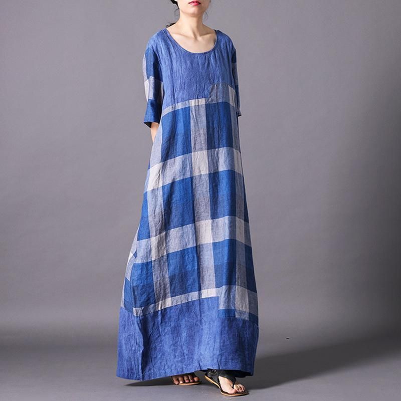 Dames Vintage Linnenmix Check Casual Maxi Jurk Met Korte Mouwen