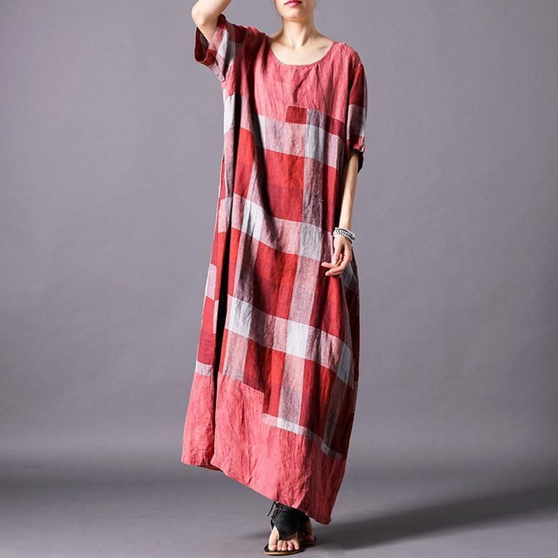 Dames Vintage Linnenmix Check Casual Maxi Jurk Met Korte Mouwen