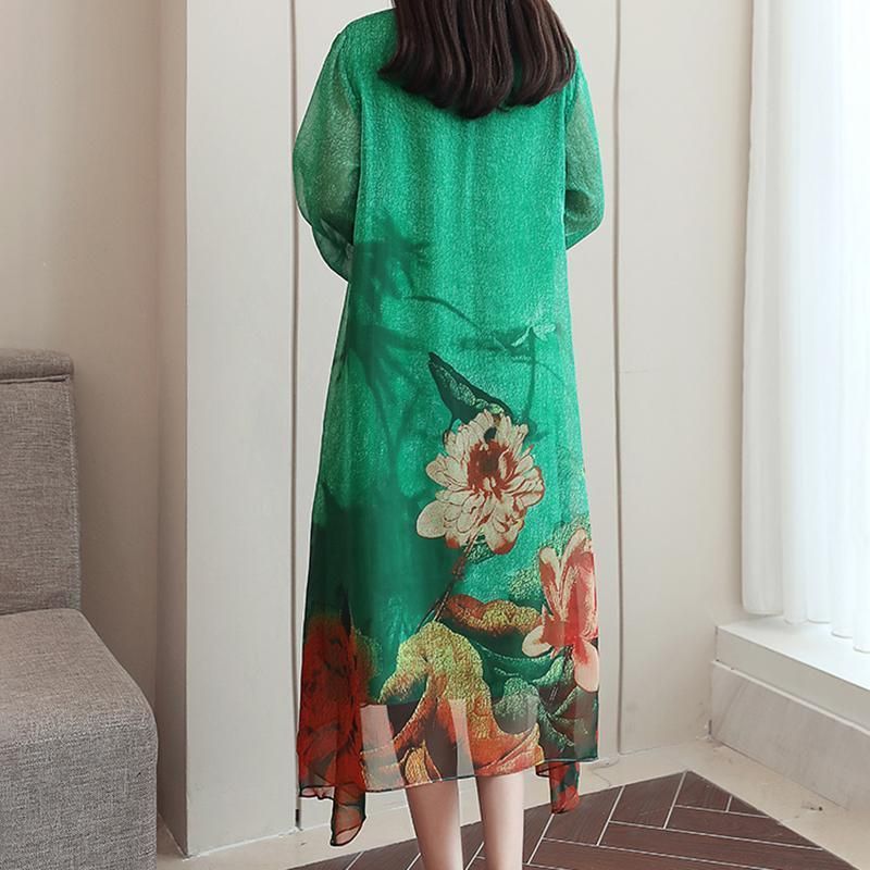 Damesmode Bloemen Asymmetrische Midi Jurk Met Lange Mouwen