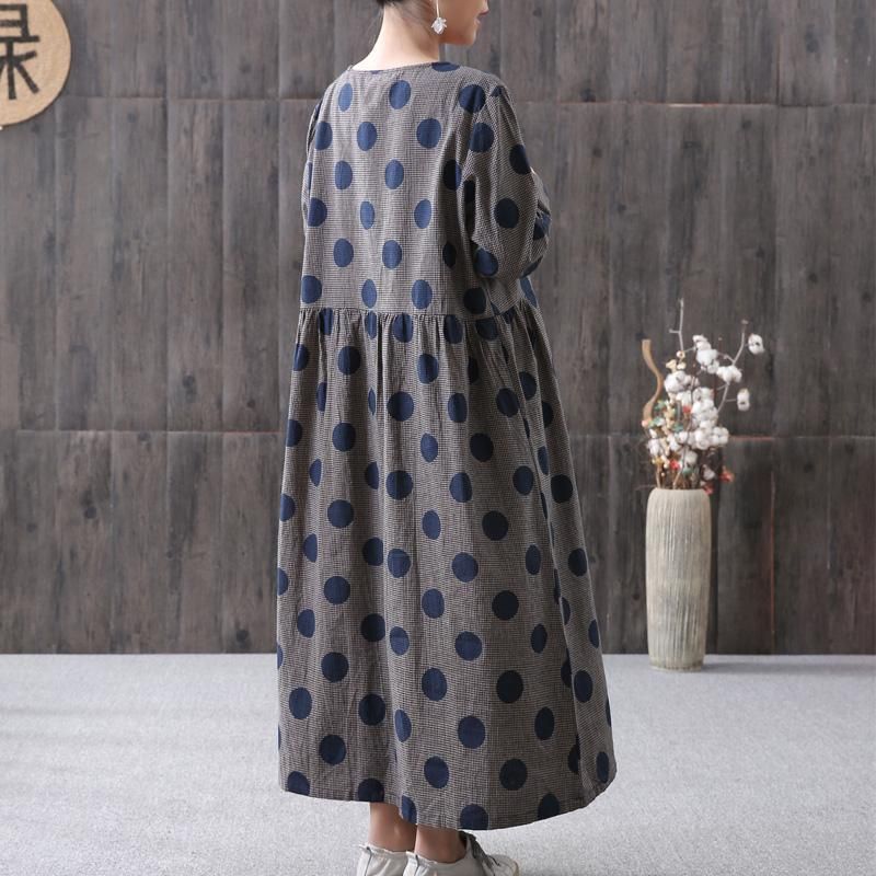 Dot Printed Polka Dots Katoen Linnen Jurk Met Lange Mouwen