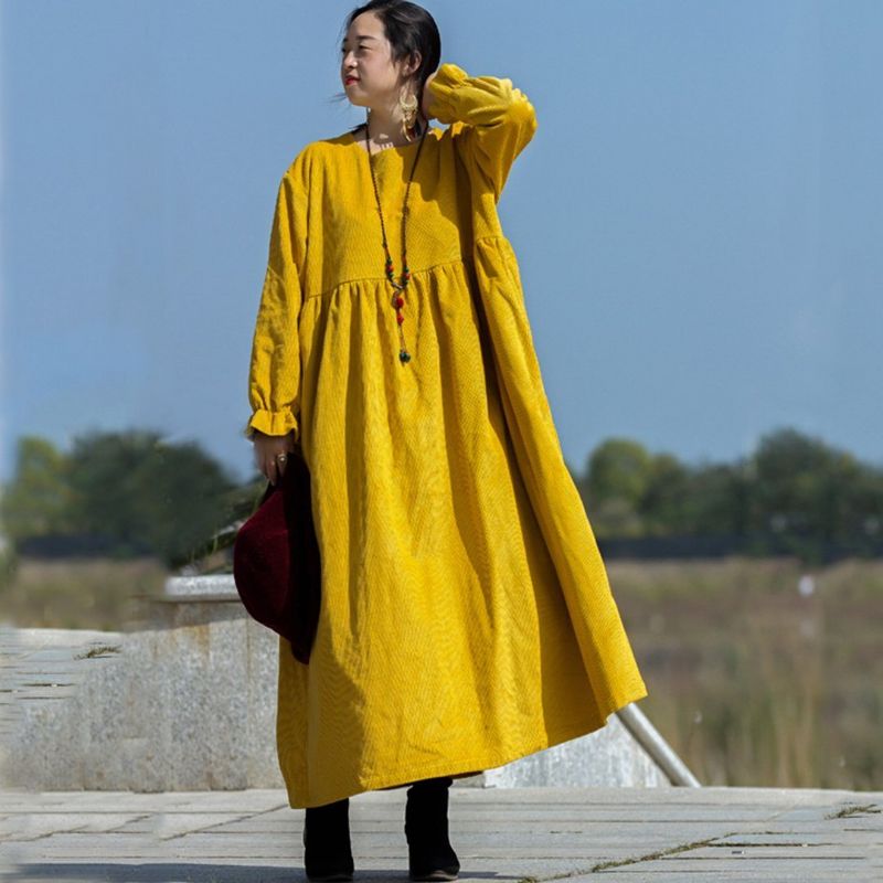 Effen Oversized Jurk Met Gegolfde Mouwen - Felgeel