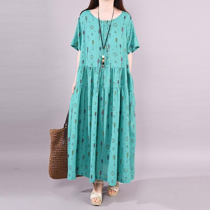 Groene Pijl Gedrukte Casual Zomer Elegante Maxi Jurk Met Korte Mouwen