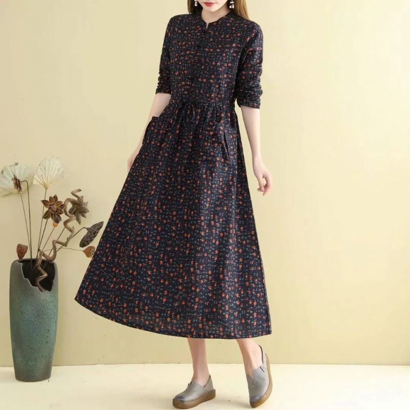 Lente Herfst Vrouwen Retro Losse Bloemen Jurk