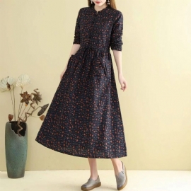 Lente Herfst Vrouwen Retro Losse Bloemen Jurk