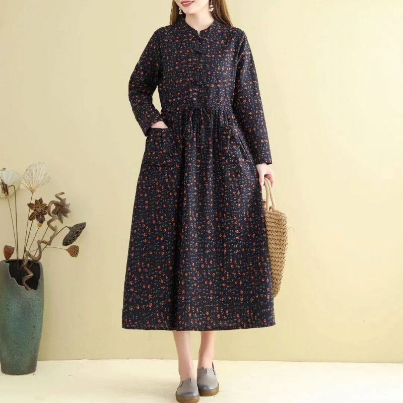 Lente Herfst Vrouwen Retro Losse Bloemen Jurk