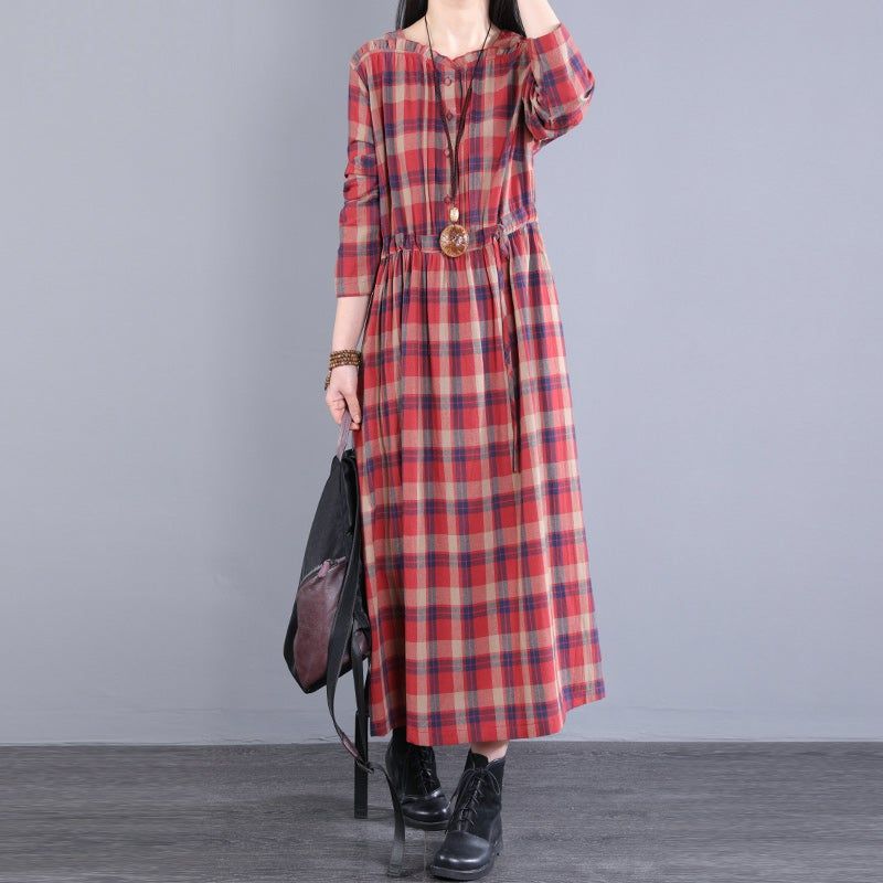 Lente Herfst Vrouwen Retro Losse Casual Plaid Jurk