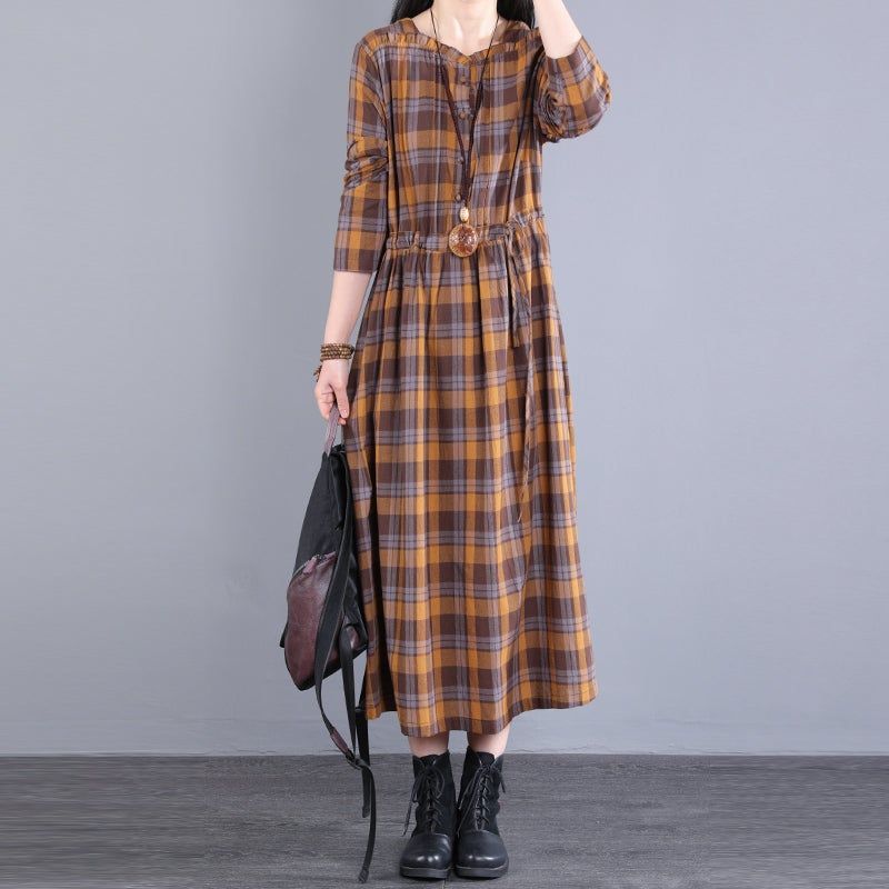 Lente Herfst Vrouwen Retro Losse Casual Plaid Jurk