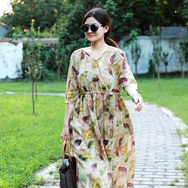 Lente-jurk Met Lange Mouwen Ramee-print Met Bloemenprint