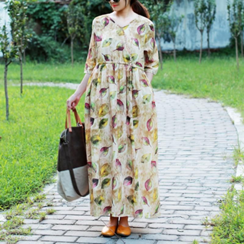 Lente-jurk Met Lange Mouwen Ramee-print Met Bloemenprint